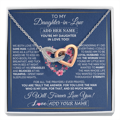 Interlocking Hearts Necklace Stainless Steel & Rose Gold Finish | 1 | Personalized To My Daughter In Law Gifts Necklace From Mother In Law Bonus Daughter In Law Honor Pendant Jewelry Birthday Customized Gift Box Message Card | siriusteestore