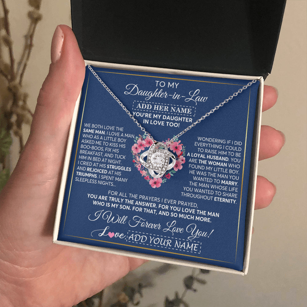 Love Knot Necklace 14K White Gold Finish | 2 | Personalized To My Daughter In Law Gifts Necklace From Mother In Law Bonus Daughter In Law Honor Pendant Jewelry Birthday Customized Gift Box Message Card | siriusteestore