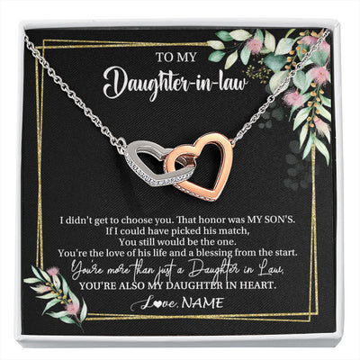 Interlocking Hearts Necklace Stainless Steel & Rose Gold Finish | 1 | Personalized To My Daughter In Law Necklace Gift From Mother In Law Honor Pendant Jewelry Daughter In Law Birthday Christmas Customized Gift Box Message Card | siriusteestore