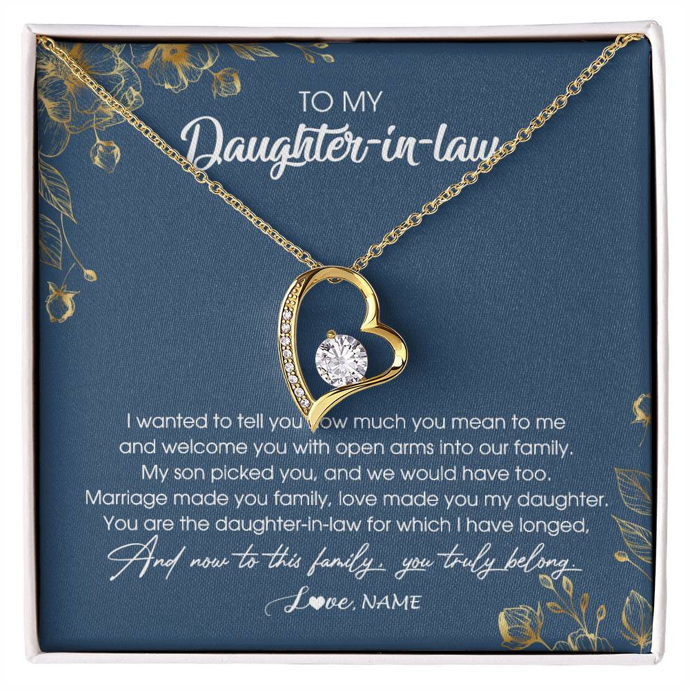 Forever Love Necklace 18K Yellow Gold Finish | Personalized To My Daughter In Law Necklace Welcome Into Our Family Daughter In Law Her Wedding Day Jewelry Birthday Christmas Customized Gift Box Message Card | siriusteestore