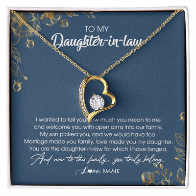 Forever Love Necklace 18K Yellow Gold Finish | Personalized To My Daughter In Law Necklace Welcome Into Our Family Daughter In Law Her Wedding Day Jewelry Birthday Christmas Customized Gift Box Message Card | siriusteestore