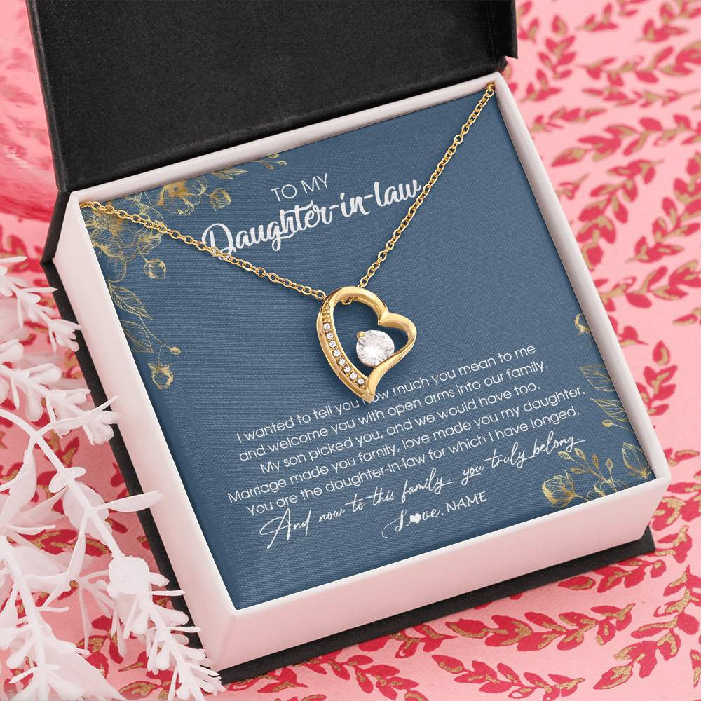 Forever Love Necklace 18K Yellow Gold Finish | Personalized To My Daughter In Law Necklace Welcome Into Our Family Daughter In Law Her Wedding Day Jewelry Birthday Christmas Customized Gift Box Message Card | siriusteestore
