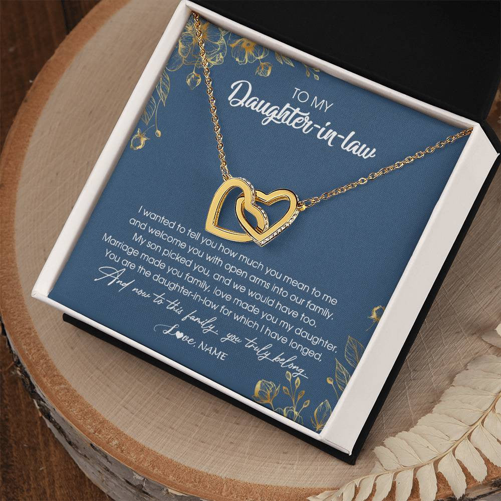 Interlocking Hearts Necklace 18K Yellow Gold Finish | Personalized To My Daughter In Law Necklace Welcome Into Our Family Daughter In Law Her Wedding Day Jewelry Birthday Christmas Customized Gift Box Message Card | siriusteestore