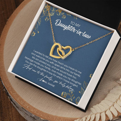 Interlocking Hearts Necklace 18K Yellow Gold Finish | Personalized To My Daughter In Law Necklace Welcome Into Our Family Daughter In Law Her Wedding Day Jewelry Birthday Christmas Customized Gift Box Message Card | siriusteestore