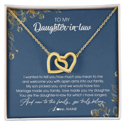 Interlocking Hearts Necklace 18K Yellow Gold Finish | Personalized To My Daughter In Law Necklace Welcome Into Our Family Daughter In Law Her Wedding Day Jewelry Birthday Christmas Customized Gift Box Message Card | siriusteestore