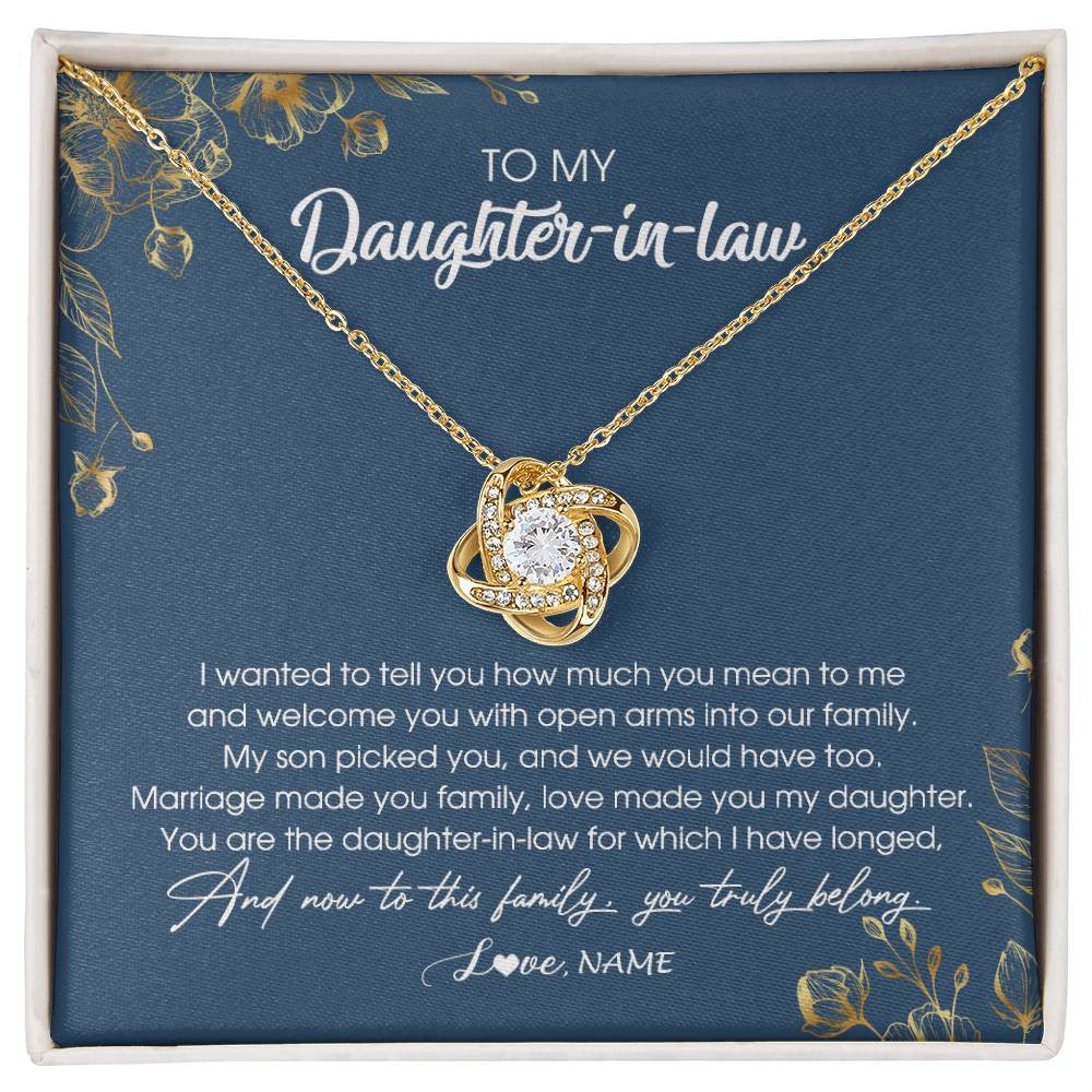 Love Knot Necklace 18K Yellow Gold Finish | Personalized To My Daughter In Law Necklace Welcome Into Our Family Daughter In Law Her Wedding Day Jewelry Birthday Christmas Customized Gift Box Message Card | siriusteestore