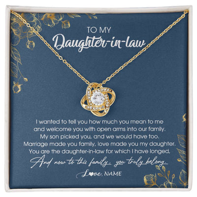 Love Knot Necklace 18K Yellow Gold Finish | Personalized To My Daughter In Law Necklace Welcome Into Our Family Daughter In Law Her Wedding Day Jewelry Birthday Christmas Customized Gift Box Message Card | siriusteestore