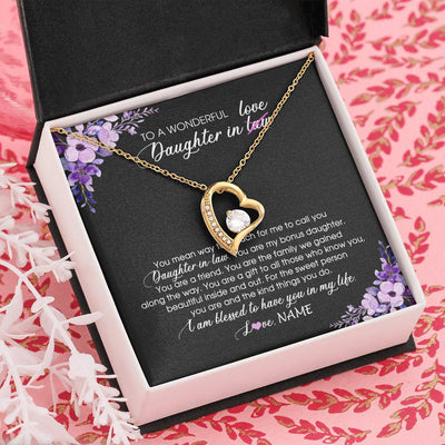 Forever Love Necklace 18K Yellow Gold Finish | Personalized To My Daughter In Law Necklace from Mother In Law You Are My Bonus Daughter Jewelry Birthday Wedding Day Christmas Customized Message Card | siriusteestore