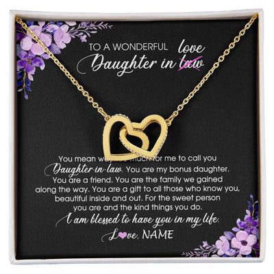 Interlocking Hearts Necklace 18K Yellow Gold Finish | Personalized To My Daughter In Law Necklace from Mother In Law You Are My Bonus Daughter Jewelry Birthday Wedding Day Christmas Customized Message Card | siriusteestore