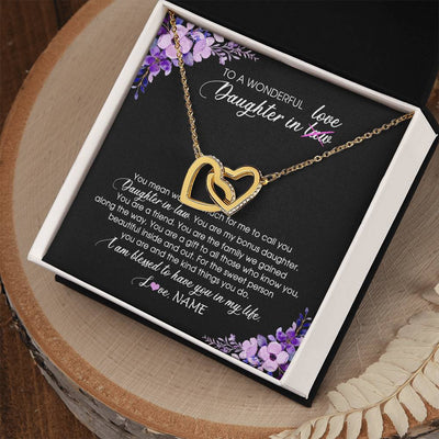 Interlocking Hearts Necklace 18K Yellow Gold Finish | Personalized To My Daughter In Law Necklace from Mother In Law You Are My Bonus Daughter Jewelry Birthday Wedding Day Christmas Customized Message Card | siriusteestore