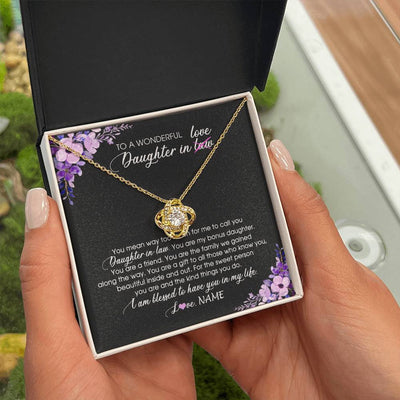 Love Knot Necklace 18K Yellow Gold Finish | Personalized To My Daughter In Law Necklace from Mother In Law You Are My Bonus Daughter Jewelry Birthday Wedding Day Christmas Customized Message Card | siriusteestore