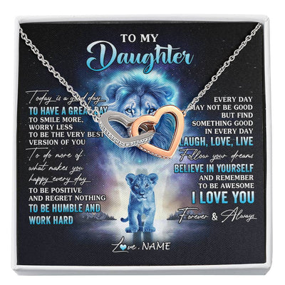 Interlocking Hearts Necklace Stainless Steel & Rose Gold Finish | 1 | Personalized To My Daughter Lion Necklace From Dad Father Every Day Laugh Love Live Daughter Birthday Graduation Christmas Customized Gift Box Message Card | siriusteestore