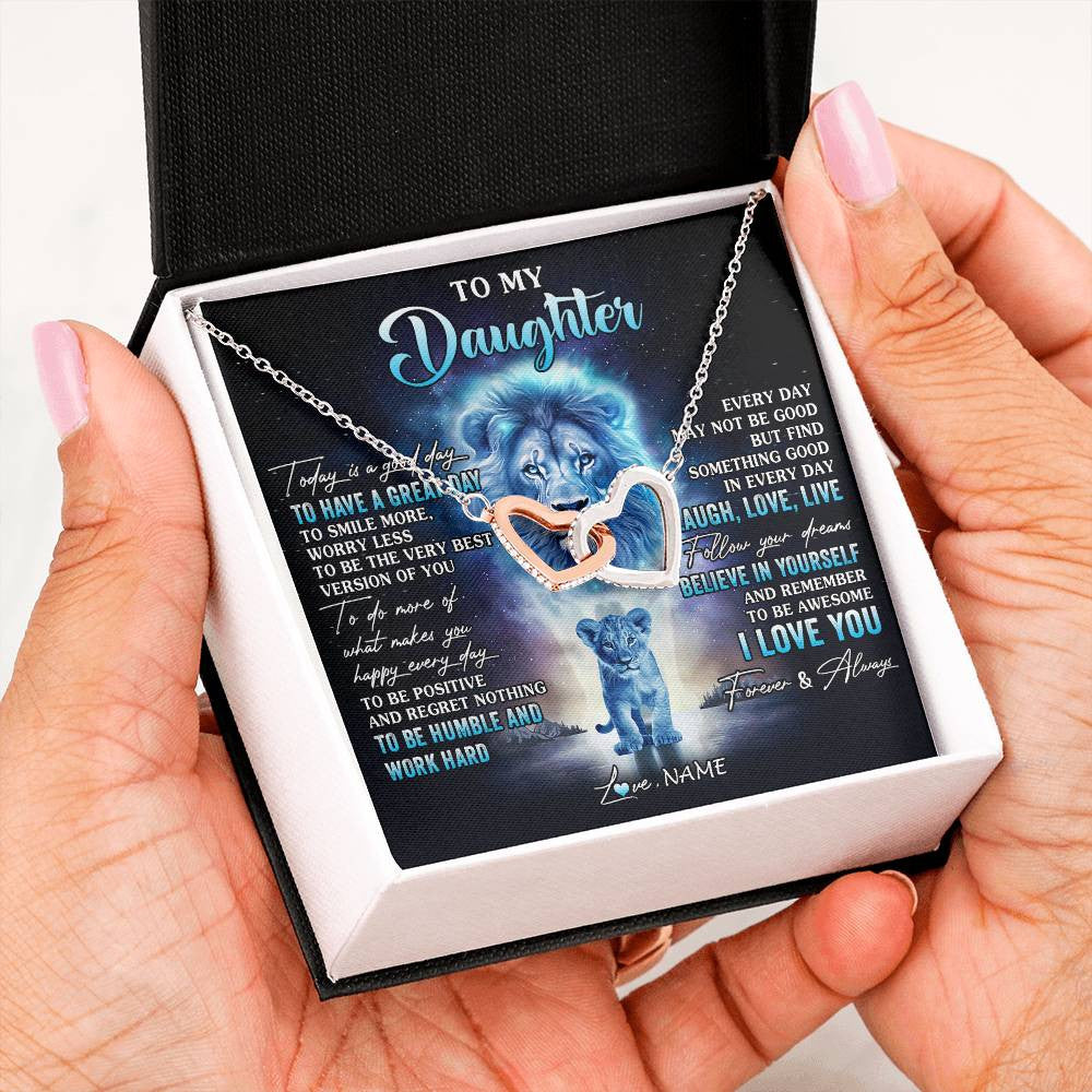 Interlocking Hearts Necklace Stainless Steel & Rose Gold Finish | 2 | Personalized To My Daughter Lion Necklace From Dad Father Every Day Laugh Love Live Daughter Birthday Graduation Christmas Customized Gift Box Message Card | siriusteestore