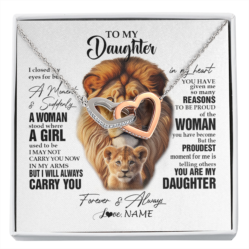Interlocking Hearts Necklace Stainless Steel & Rose Gold Finish | 1 | Personalized To My Daughter Lion Necklace From Dad Father I Closed My Eyes Great Daughter Birthday Gifts Graduation Christmas Customized Gift Box Message Card | siriusteestore
