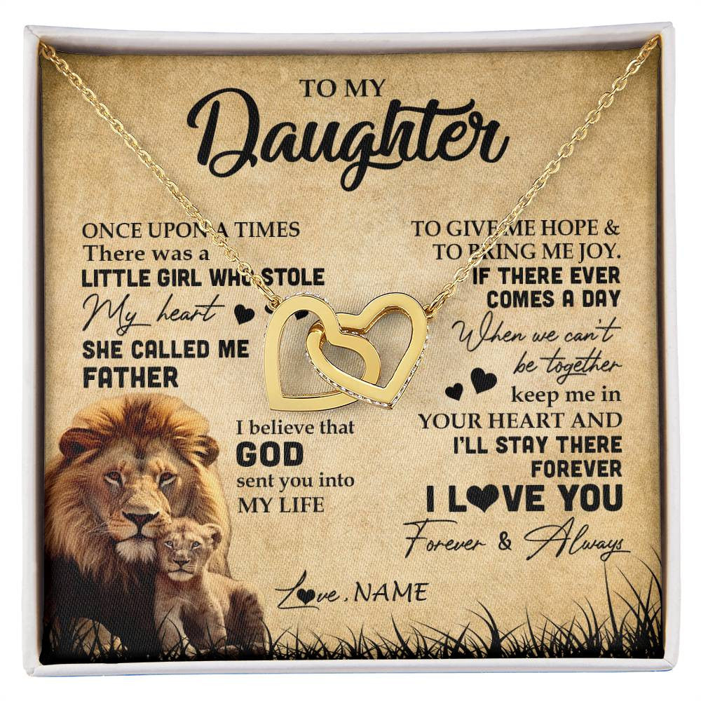 Interlocking Hearts Necklace 18K Yellow Gold Finish | Personalized To My Daughter Lion Necklace From Dad Father I'll Stay There Forever Daughter Birthday Graduation Christmas Customized Gift Box Message Card | siriusteestore