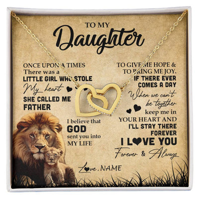 Interlocking Hearts Necklace 18K Yellow Gold Finish | Personalized To My Daughter Lion Necklace From Dad Father I'll Stay There Forever Daughter Birthday Graduation Christmas Customized Gift Box Message Card | siriusteestore