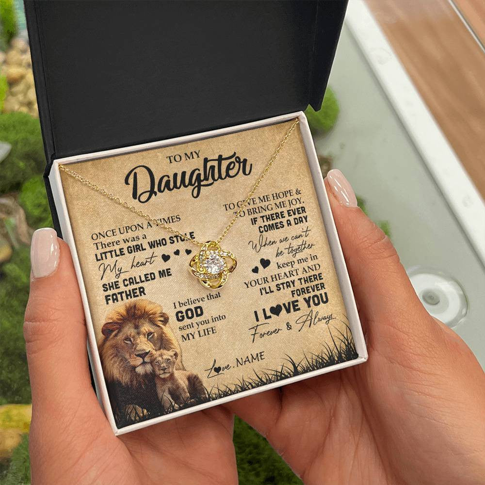 Love Knot Necklace 18K Yellow Gold Finish | Personalized To My Daughter Lion Necklace From Dad Father I'll Stay There Forever Daughter Birthday Graduation Christmas Customized Gift Box Message Card | siriusteestore