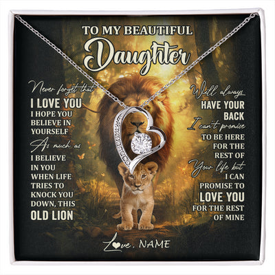Forever Love Necklace 14K White Gold Finish | 1 | Personalized To My Daughter Lion Necklace From Dad Father Never Forget That I Love You Daughter Birthday Graduation Christmas Customized Gift Box Message Card | siriusteestore