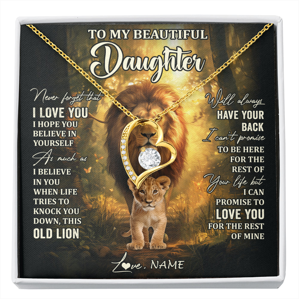 Forever Love Necklace 18K Yellow Gold Finish | 1 | Personalized To My Daughter Lion Necklace From Dad Father Never Forget That I Love You Daughter Birthday Graduation Christmas Customized Gift Box Message Card | siriusteestore