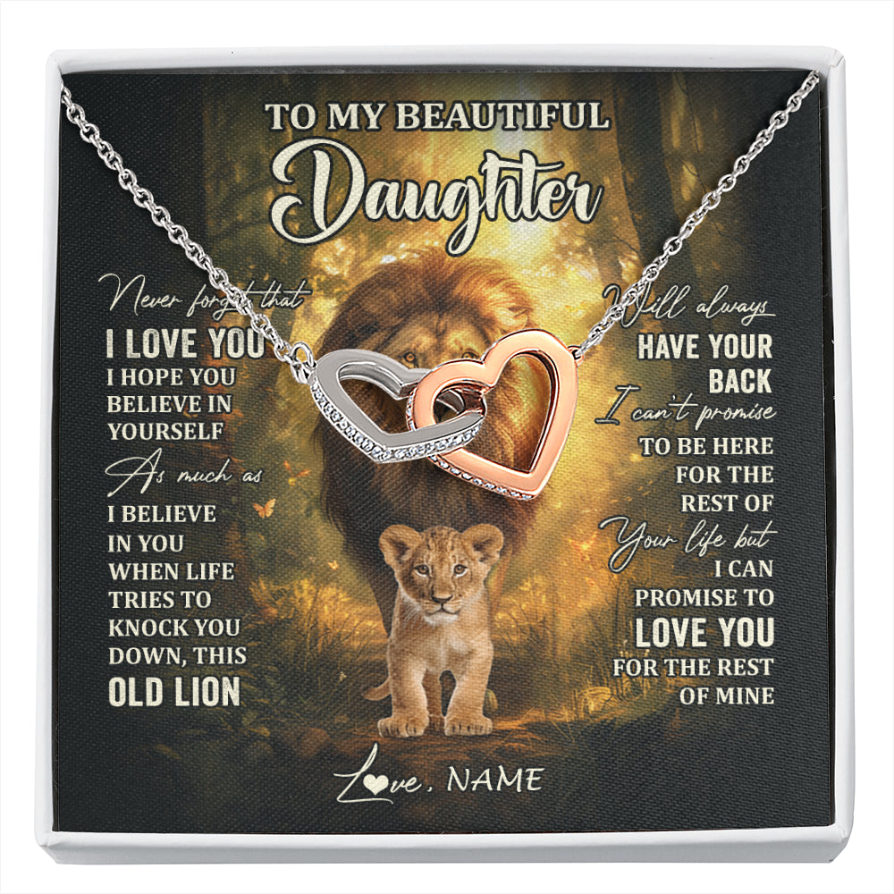Interlocking Hearts Necklace Stainless Steel & Rose Gold Finish | 1 | Personalized To My Daughter Lion Necklace From Dad Father Never Forget That I Love You Daughter Birthday Graduation Christmas Customized Gift Box Message Card | siriusteestore