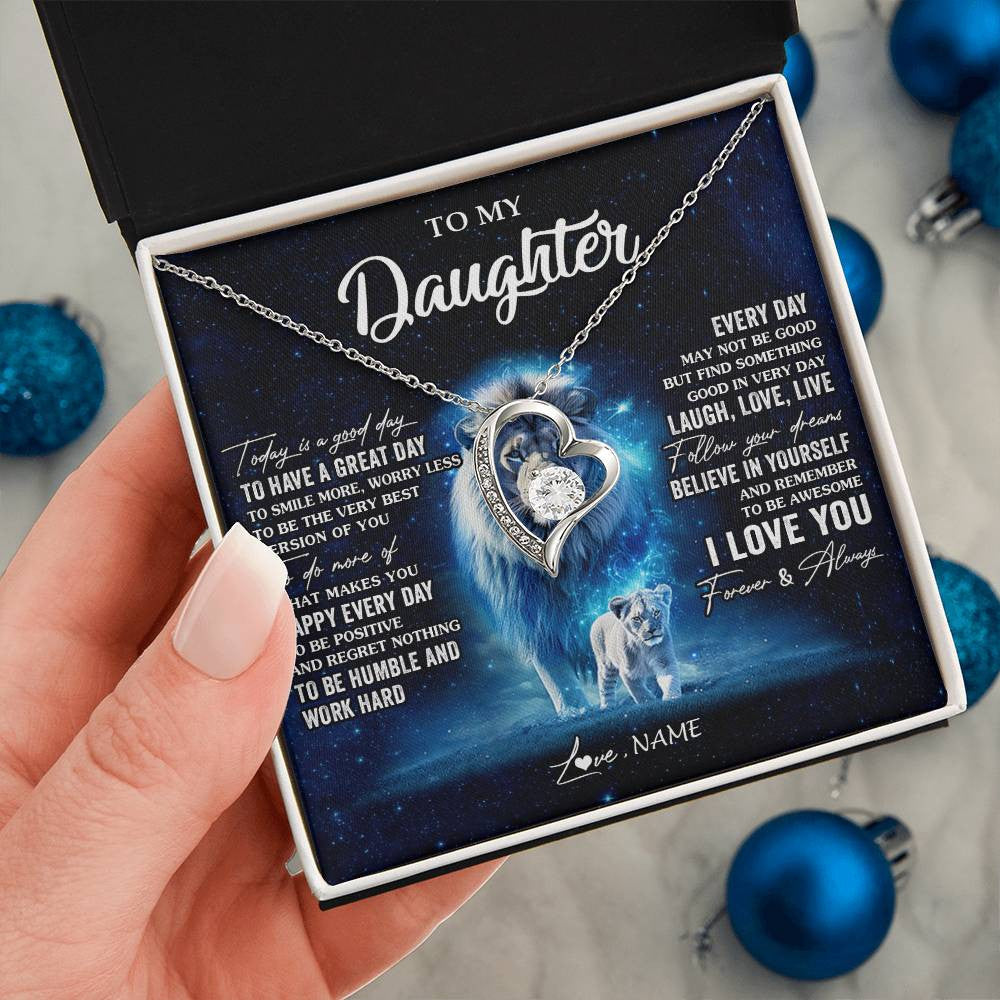 Forever Love Necklace 14K White Gold Finish | 2 | Personalized To My Daughter Lion Necklace From Dad Father Today Is A Good Day Daughter Gifts Birthday Graduation Christmas Customized Gift Box Message Card | siriusteestore