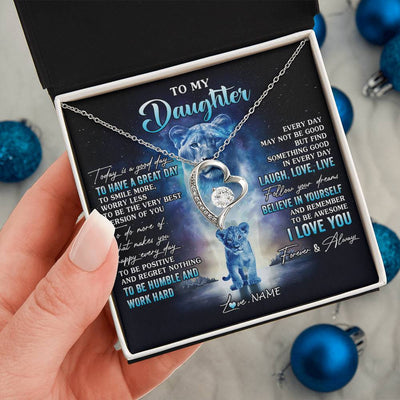 Forever Love Necklace 14K White Gold Finish | 2 | Personalized To My Daughter Lion Necklace From Mom Mother Every Day Laugh Love Live Daughter Birthday Graduation Christmas Customized Gift Box Message Card | siriusteestore