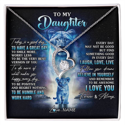 Forever Love Necklace 14K White Gold Finish | 1 | Personalized To My Daughter Lion Necklace From Mom Mother Every Day Laugh Love Live Daughter Birthday Graduation Christmas Customized Gift Box Message Card | siriusteestore