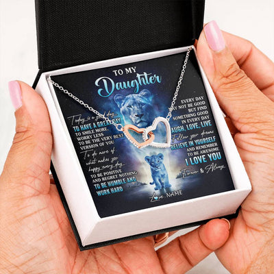 Interlocking Hearts Necklace Stainless Steel & Rose Gold Finish | 2 | Personalized To My Daughter Lion Necklace From Mom Mother Every Day Laugh Love Live Daughter Birthday Graduation Christmas Customized Gift Box Message Card | siriusteestore