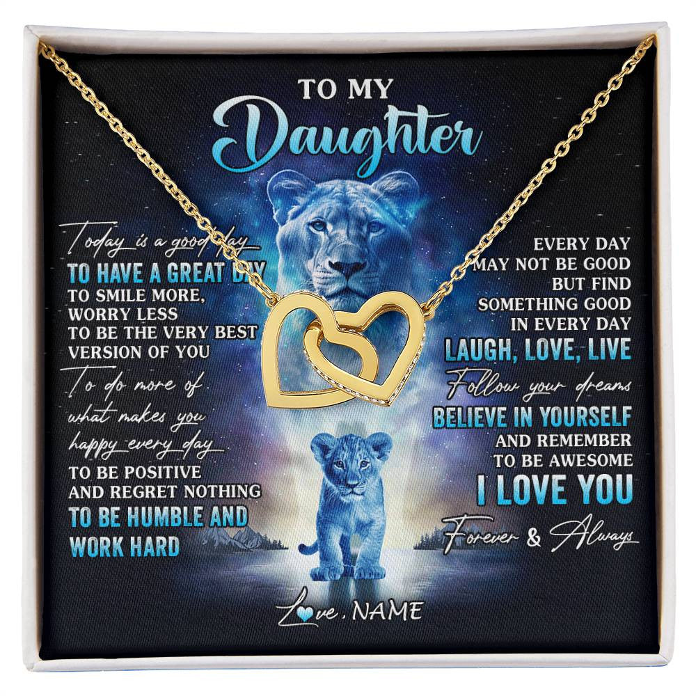 Interlocking Hearts Necklace 18K Yellow Gold Finish | 1 | Personalized To My Daughter Lion Necklace From Mom Mother Every Day Laugh Love Live Daughter Birthday Graduation Christmas Customized Gift Box Message Card | siriusteestore
