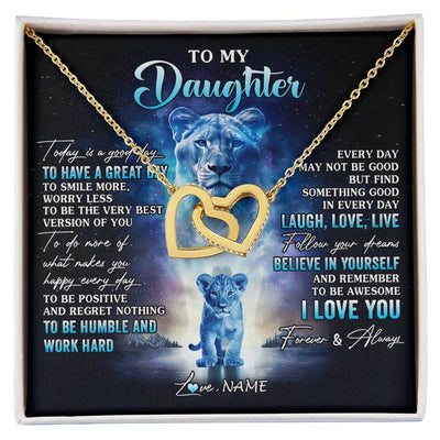Interlocking Hearts Necklace 18K Yellow Gold Finish | 1 | Personalized To My Daughter Lion Necklace From Mom Mother Every Day Laugh Love Live Daughter Birthday Graduation Christmas Customized Gift Box Message Card | siriusteestore