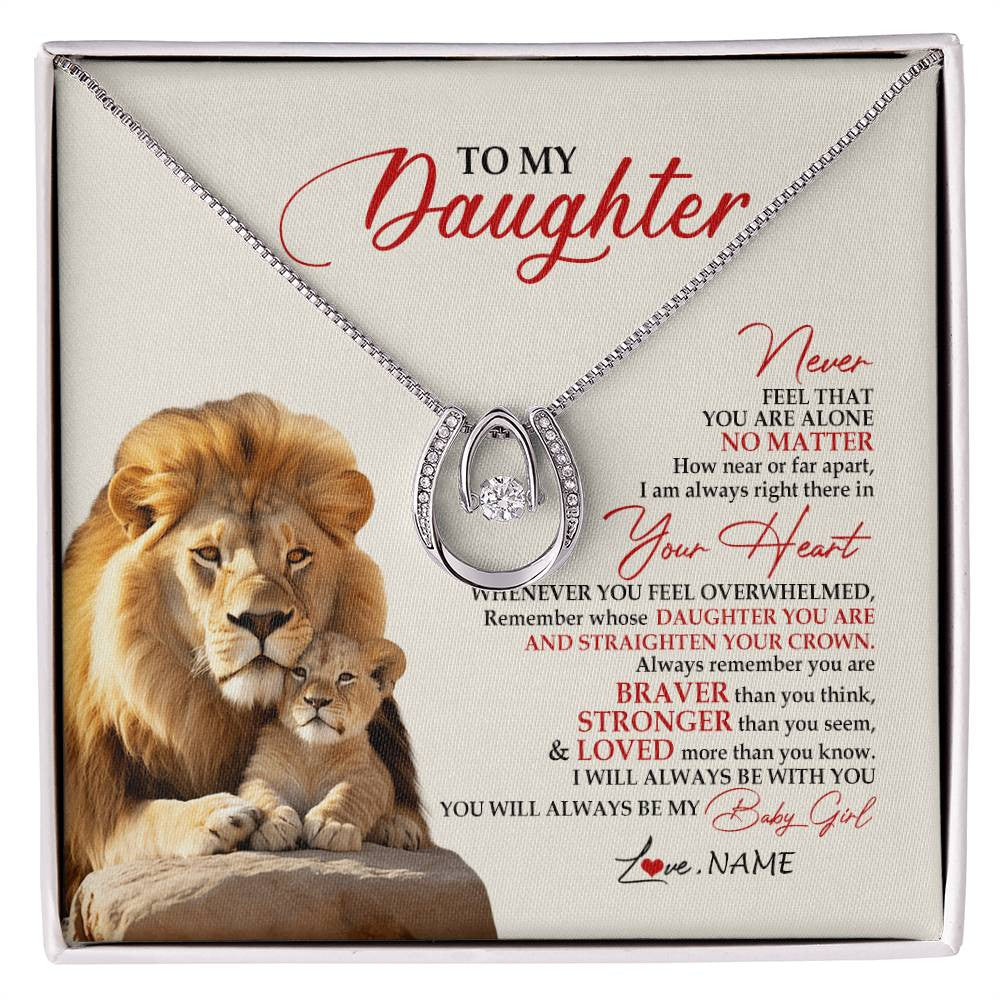 Lucky In Love Necklace 14K White Gold Finish | 1 | Personalized To My Daughter Necklace From Dad Daddy Father Never Feel You Are Alone Lion Daughter Birthday Graduation Christmas Customized Message Card | siriusteestore