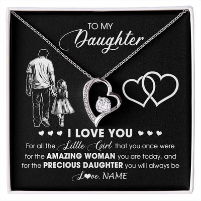 Forever Love Necklace 14K White Gold Finish | 1 | Personalized To My Daughter Necklace From Dad Father I Love You Little Girl Daughter Birthday Graduation Christmas Jewelry Customized Gift Box Message Card | siriusteestore