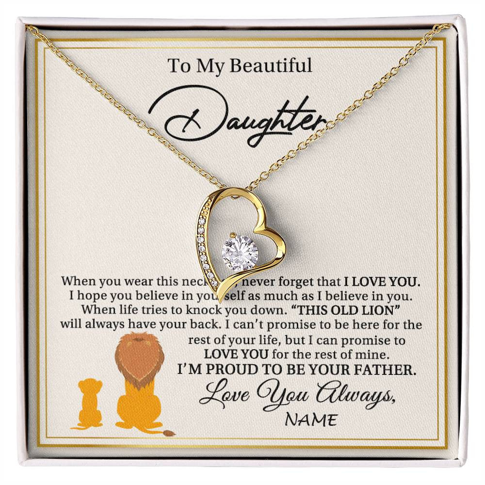Forever Love Necklace 18K Yellow Gold Finish | 1 | Personalized To My Daughter Necklace From Dad Father I'M Proud To Be Your Father Lion Daughter Birthday Graduation Christmas Customized Gift Box Message Card | siriusteestore