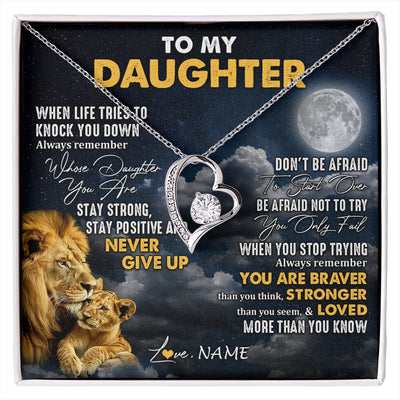 Forever Love Necklace 14K White Gold Finish | 1 | Personalized To My Daughter Necklace From Dad Father Lion Never Give Up Daughter Birthday Graduation Jewelry Christmas Customized Gift Box Message Card | siriusteestore