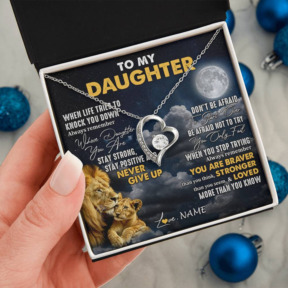 Forever Love Necklace 14K White Gold Finish | 2 | Personalized To My Daughter Necklace From Dad Father Lion Never Give Up Daughter Birthday Graduation Jewelry Christmas Customized Gift Box Message Card | siriusteestore