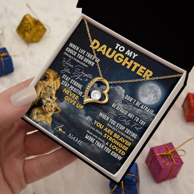 Forever Love Necklace 18K Yellow Gold Finish | 2 | Personalized To My Daughter Necklace From Dad Father Lion Never Give Up Daughter Birthday Graduation Jewelry Christmas Customized Gift Box Message Card | siriusteestore