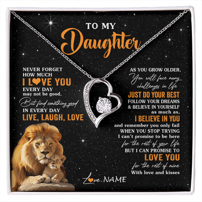 Forever Love Necklace 14K White Gold Finish | 1 | Personalized To My Daughter Necklace From Dad Father Live Laugh Love Lion Daughter Birthday Positive Graduation Christmas Customized Gift Box Message Card | siriusteestore