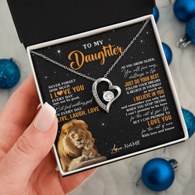 Forever Love Necklace 14K White Gold Finish | 2 | Personalized To My Daughter Necklace From Dad Father Live Laugh Love Lion Daughter Birthday Positive Graduation Christmas Customized Gift Box Message Card | siriusteestore