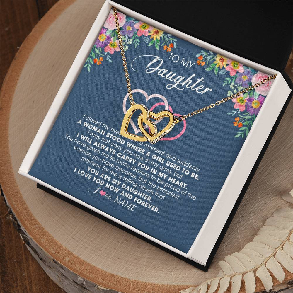 Interlocking Hearts Necklace 18K Yellow Gold Finish | Personalized To My Daughter Necklace From Dad Father Mom I Love You Now And Forever Jewelry For Daughter Birthday Graduation Christmas Customized Message Card | siriusteestore