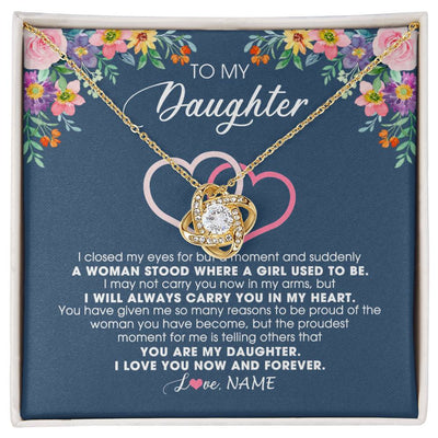 Love Knot Necklace 18K Yellow Gold Finish | Personalized To My Daughter Necklace From Dad Father Mom I Love You Now And Forever Jewelry For Daughter Birthday Graduation Christmas Customized Message Card | siriusteestore