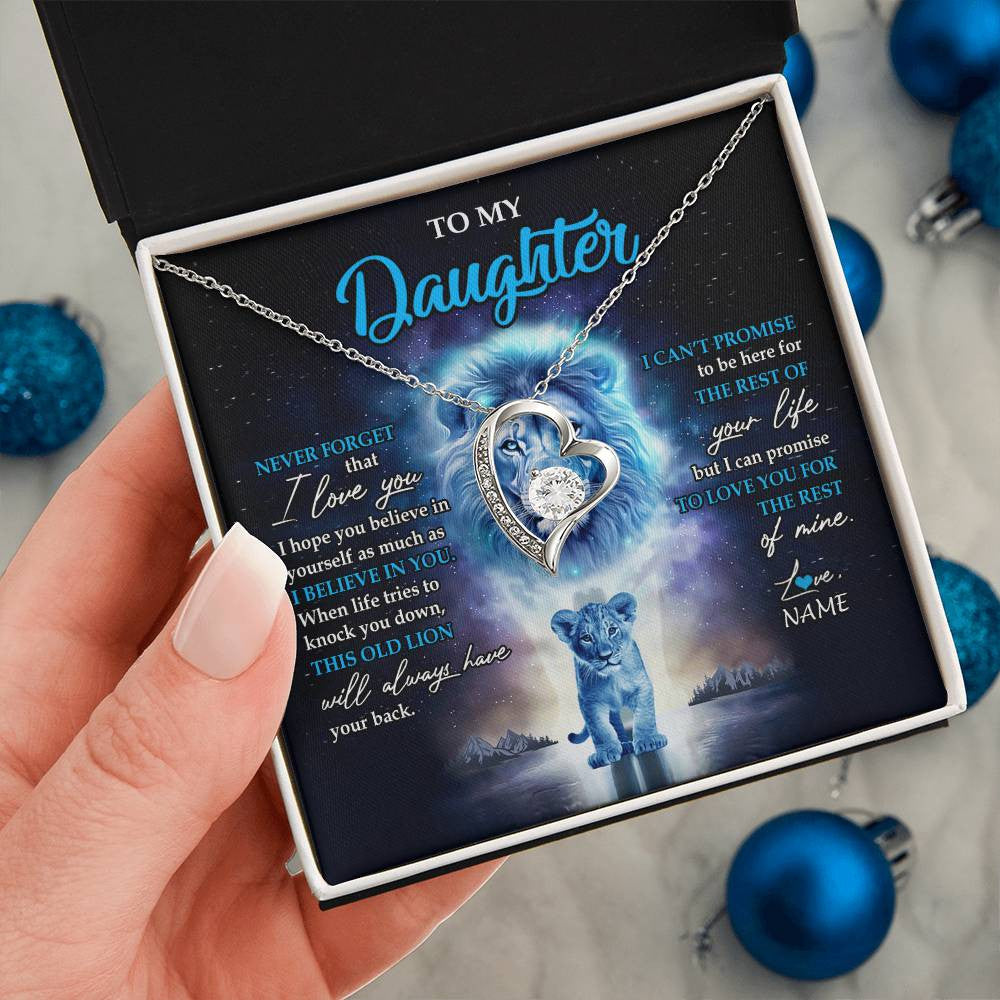 Forever Love Necklace 14K White Gold Finish | 2 | Personalized To My Daughter Necklace From Dad Father Never Forget I Love You Lion Daughter Jewelry Birthday Graduation Christmas Customized Message Card | siriusteestore