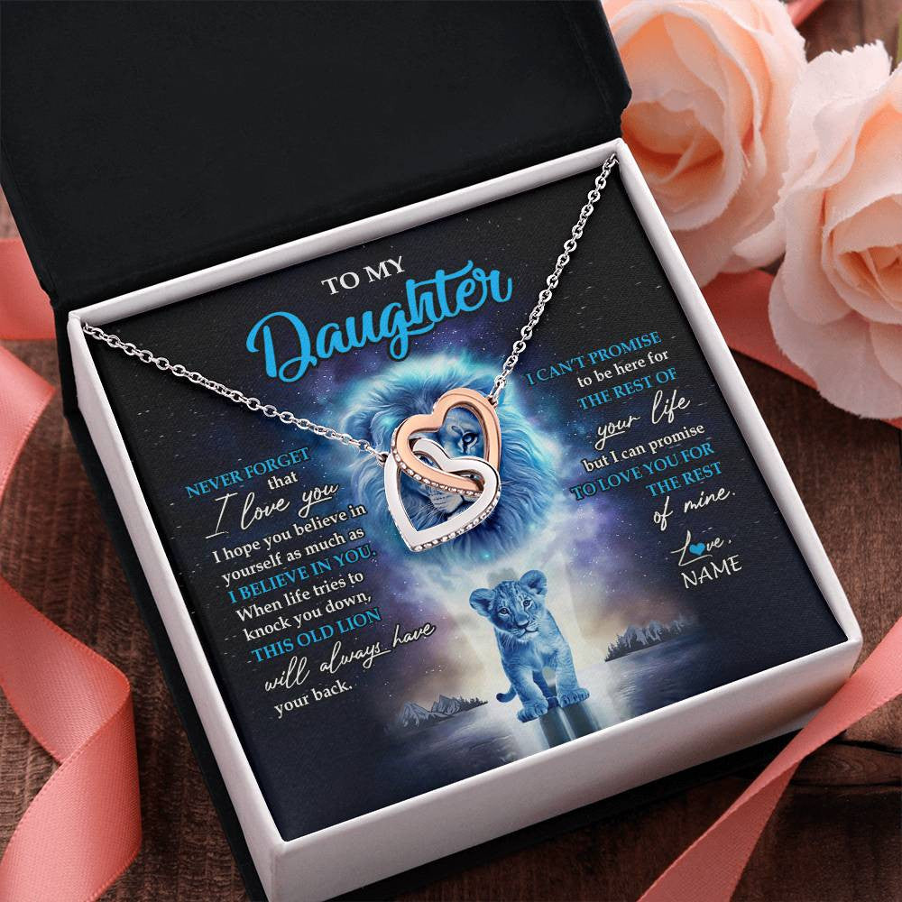 Interlocking Hearts Necklace Stainless Steel & Rose Gold Finish | 2 | Personalized To My Daughter Necklace From Dad Father Never Forget I Love You Lion Daughter Jewelry Birthday Graduation Christmas Customized Message Card | siriusteestore