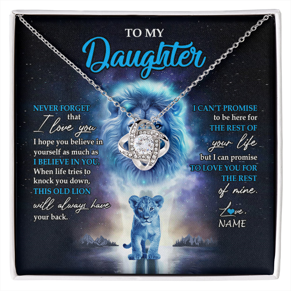 Love Knot Necklace 14K White Gold Finish | 1 | Personalized To My Daughter Necklace From Dad Father Never Forget I Love You Lion Daughter Jewelry Birthday Graduation Christmas Customized Message Card | siriusteestore