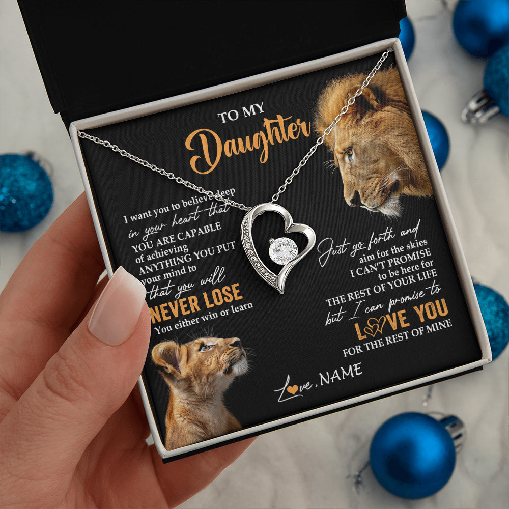 Forever Love Necklace 14K White Gold Finish | 2 | Personalized To My Daughter Necklace From Dad Father You Will Never Lose Lion Daughter Birthday Gifts Graduation Christmas Customized Gift Box Message Card | siriusteestore