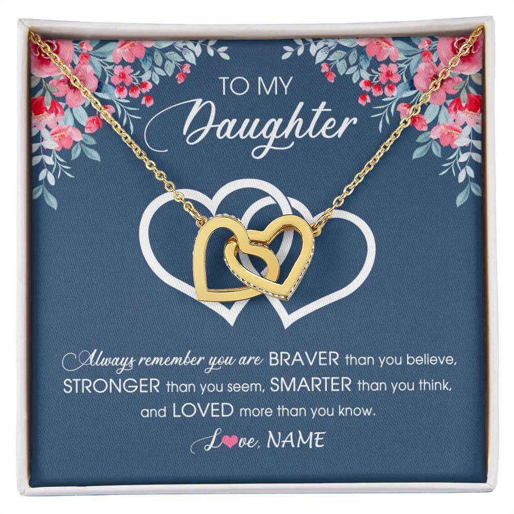 Interlocking Hearts Necklace 18K Yellow Gold Finish | Personalized To My Daughter Necklace From Dad Mom Braver Stronger Smarter Loved Daughter Jewelry Birthday Graduation Christmas Customized Message Card | siriusteestore