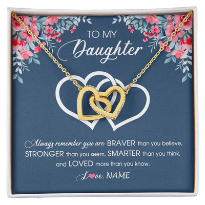 Interlocking Hearts Necklace 18K Yellow Gold Finish | Personalized To My Daughter Necklace From Dad Mom Braver Stronger Smarter Loved Daughter Jewelry Birthday Graduation Christmas Customized Message Card | siriusteestore