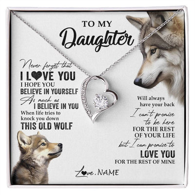 Forever Love Necklace 14K White Gold Finish | 1 | Personalized To My Daughter Necklace From Dad Mom Mother This Old Wolf Love You Daughter Birthday Graduation Christmas Customized Gift Box Message Card | siriusteestore