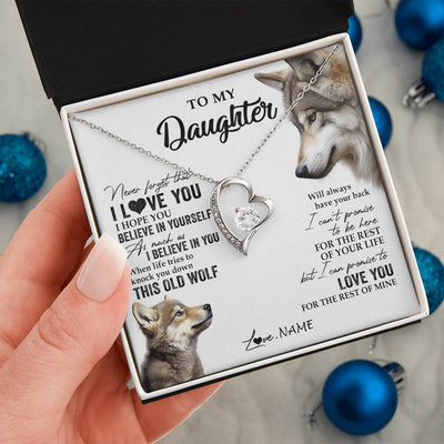 Forever Love Necklace 14K White Gold Finish | 2 | Personalized To My Daughter Necklace From Dad Mom Mother This Old Wolf Love You Daughter Birthday Graduation Christmas Customized Gift Box Message Card | siriusteestore
