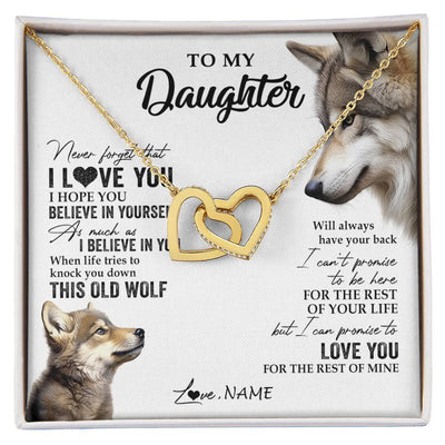 Interlocking Hearts Necklace 18K Yellow Gold Finish | 1 | Personalized To My Daughter Necklace From Dad Mom Mother This Old Wolf Love You Daughter Birthday Graduation Christmas Customized Gift Box Message Card | siriusteestore