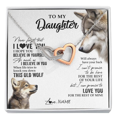 Interlocking Hearts Necklace Stainless Steel & Rose Gold Finish | 1 | Personalized To My Daughter Necklace From Dad Mom Mother This Old Wolf Love You Daughter Birthday Graduation Christmas Customized Gift Box Message Card | siriusteestore